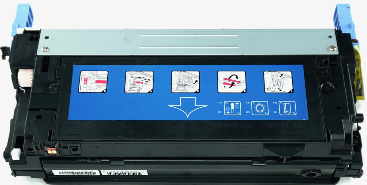 This is the back view of the Hewlett Packard 643A magenta replacement laserjet toner cartridge by NXT Premium toner