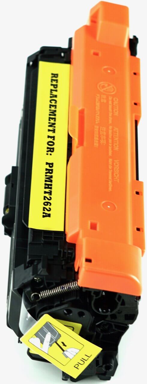 This is the right side view of the Hewlett Packard 648A yellow replacement laserjet toner cartridge by NXT Premium toner