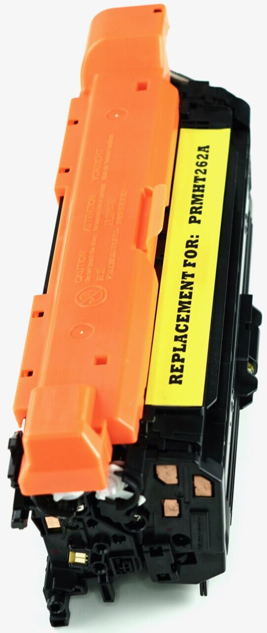 This is the left side view of the Hewlett Packard 648A yellow replacement laserjet toner cartridge by NXT Premium toner