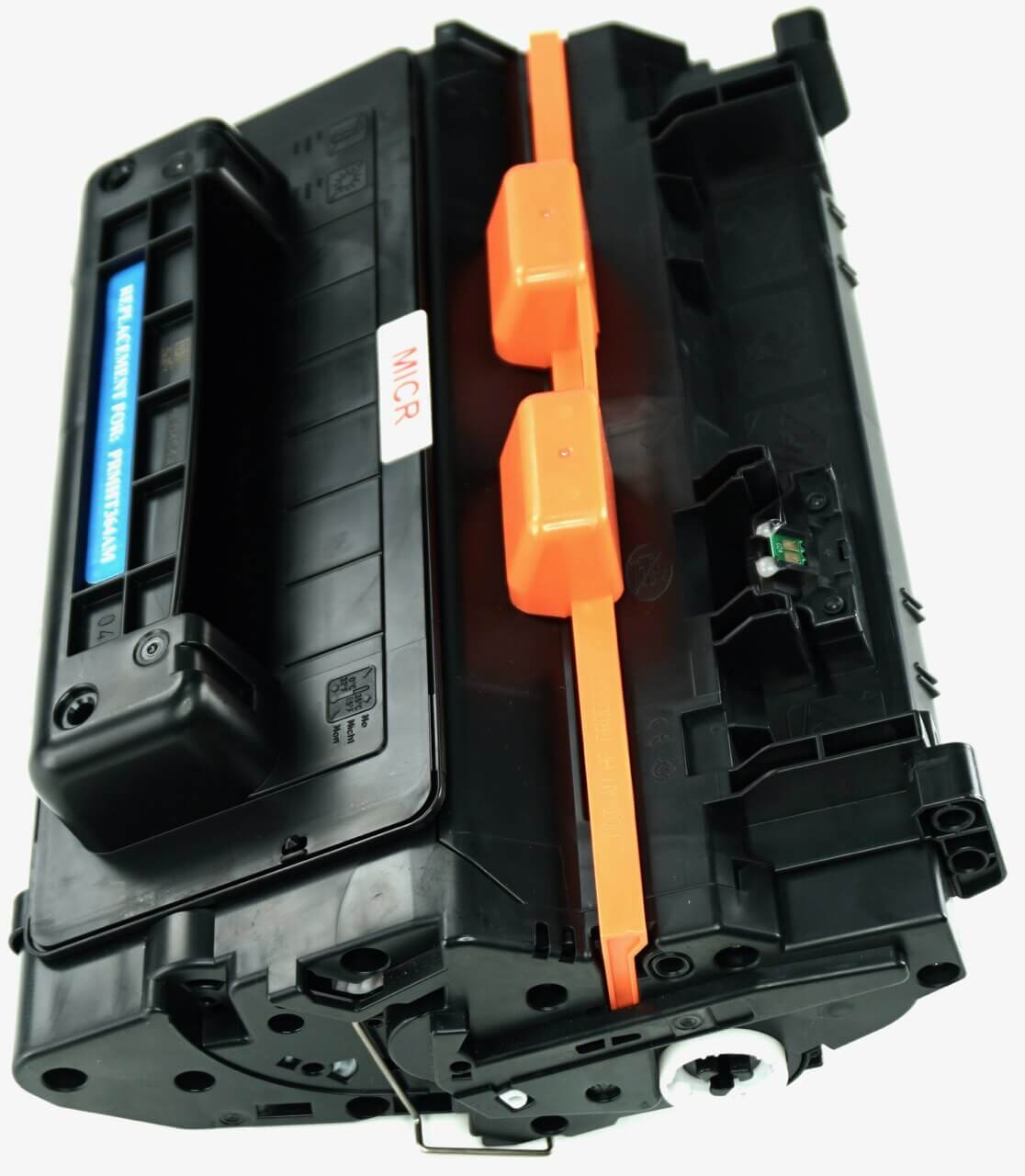 This is the left side view of the Hewlett Packard 64A MICR replacement laserjet toner cartridge by NXT Premium toner
