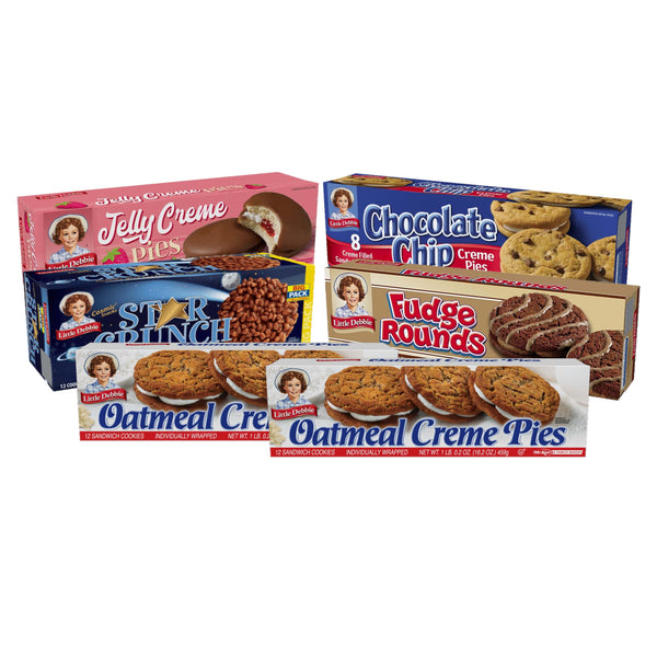 Little Debbie Cookie Variety Pack includes 1 box each of Fudge Rounds, Chocolate Chip Creme Pies, Star Crunch, Jelly Creme Pies, and 2 Boxes of Oatmeal Creme Pies