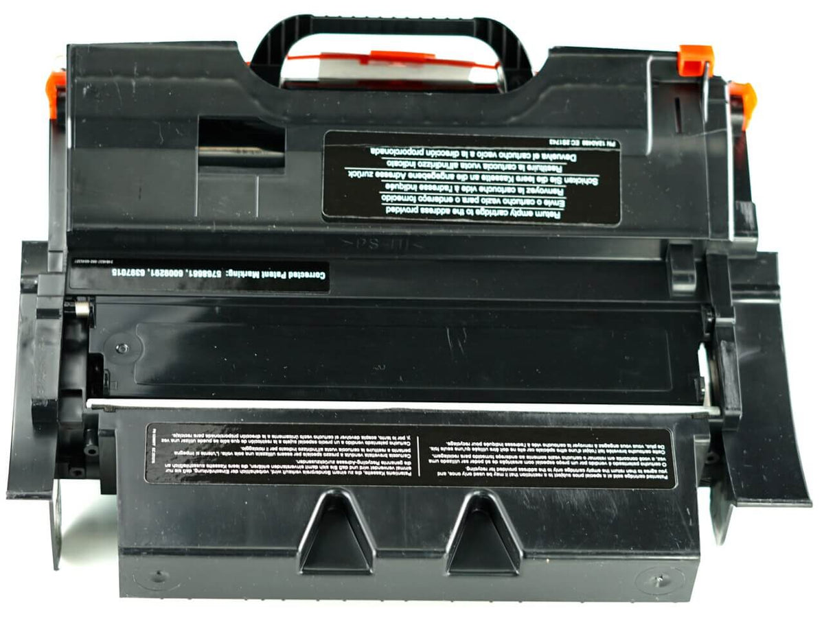 This is the back view of the Lexmark T640 black replacement laserjet toner cartridge by NXT Premium toner