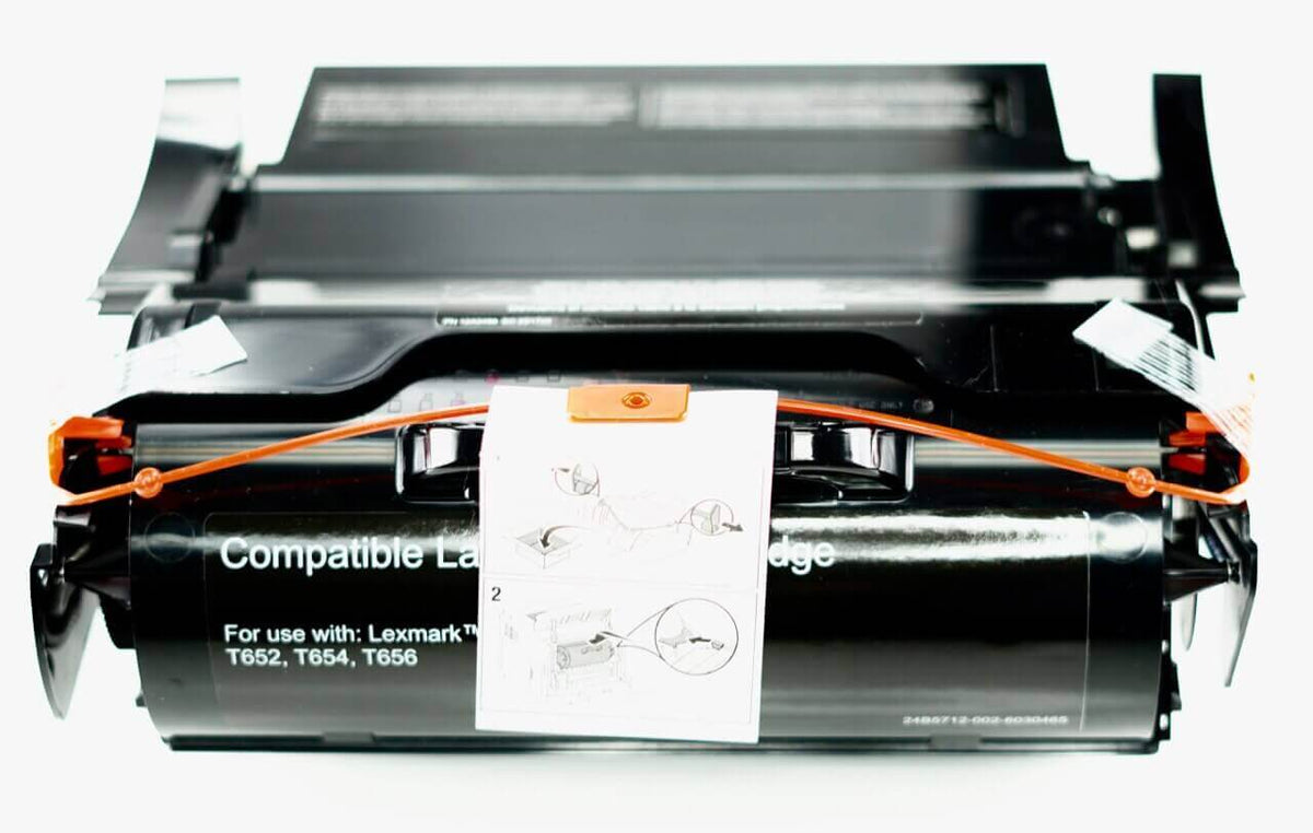 This is the front view of the Lexmark T650 black replacement laserjet toner cartridge by NXT Premium toner