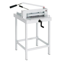 This is the MBM Triumph 4305 paper cutter with the stand. It is facing to the right to show off all angles of the machine.
