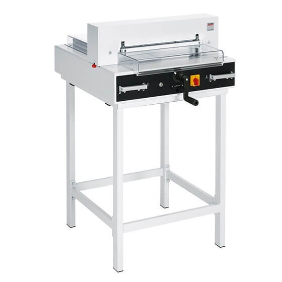 The MBM Triumph 4350 is a fully automatic tabletop cutter with electric blade drive, automatic clamp, and EASY CUT blade activation.