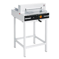 The MBM Triumph 4350 is a fully automatic tabletop cutter with electric blade drive, automatic clamp, and EASY CUT blade activation.