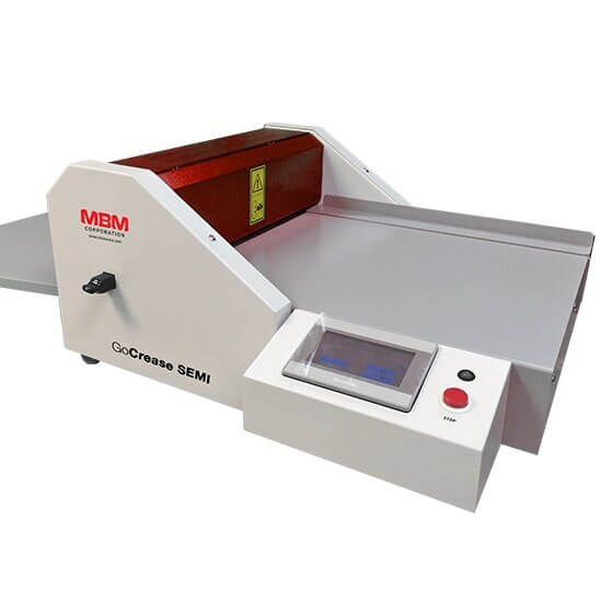 Front view of the MBM GoCrease SEMI creasing, scoring and perforating machine.