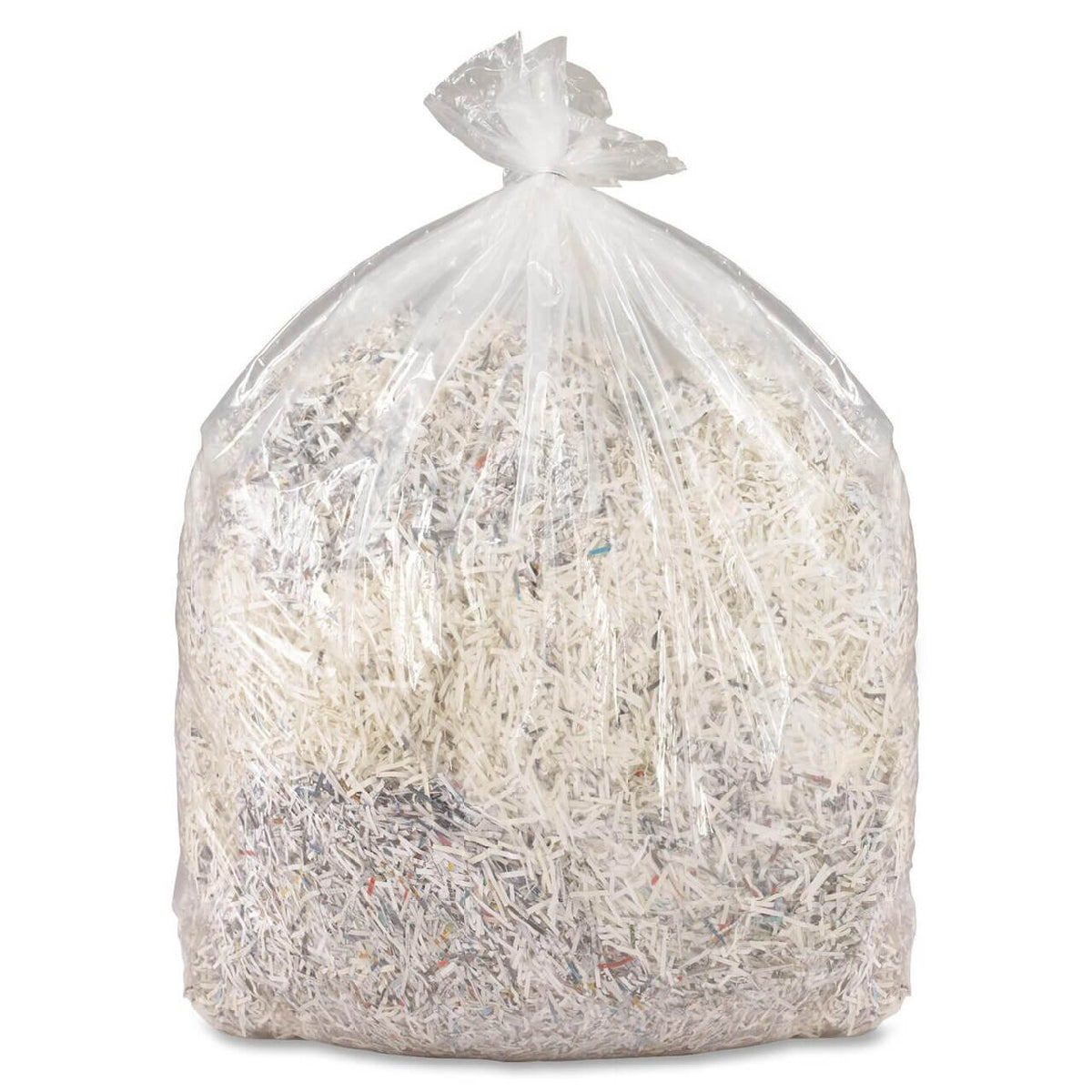 MBM 901 Shred Bag with paper shreddings for use in the MBM 4000ss, 4002, and 4202 shredders. Shows the tear resistance of the bag