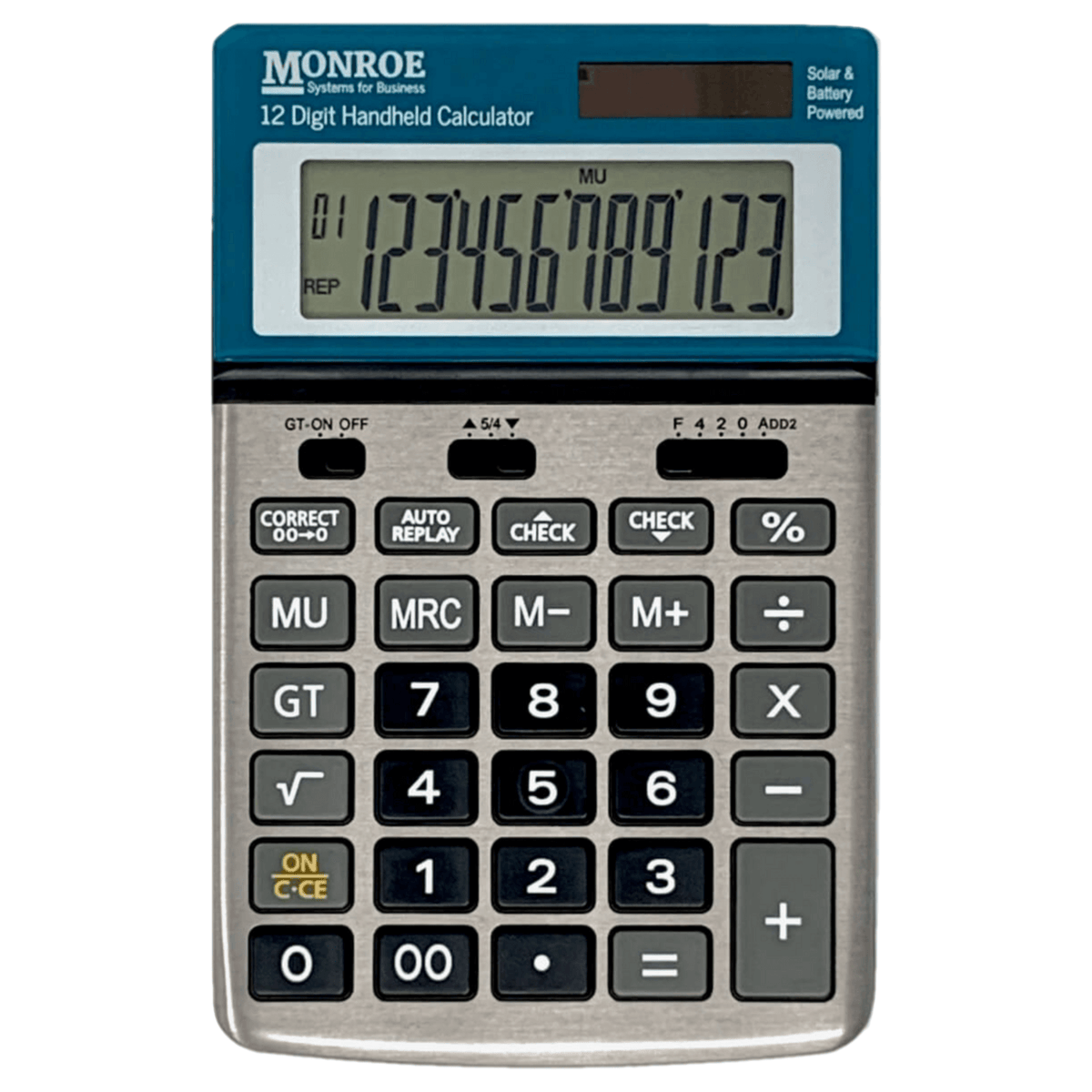 Monroe Handheld 12-Digit Calculator With Check And Correct Functionality (Blue Flat)