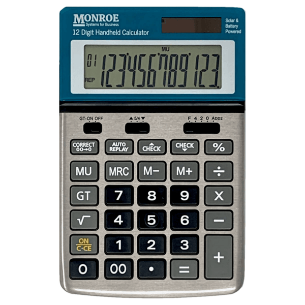 Monroe Handheld 12-Digit Calculator With Check And Correct Functionality (Blue Flat)