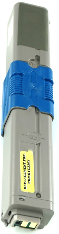 This is the right side view of the Okidata 44469701 yellow replacement laserjet toner cartridge by NXT Premium toner