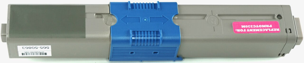 This is the back view of the Okidata 44469702 magenta replacement laserjet toner cartridge by NXT Premium toner