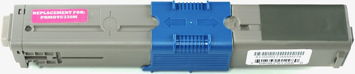 This is the front view of the Okidata 44469702 magenta replacement laserjet toner cartridge by NXT Premium toner