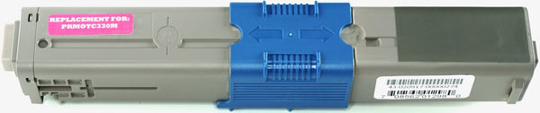 This is the front view of the Okidata 44469702 magenta replacement laserjet toner cartridge by NXT Premium toner