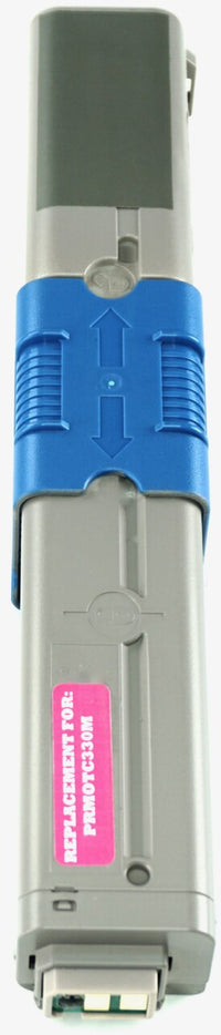 This is the right side view of the Okidata 44469702 magenta replacement laserjet toner cartridge by NXT Premium toner