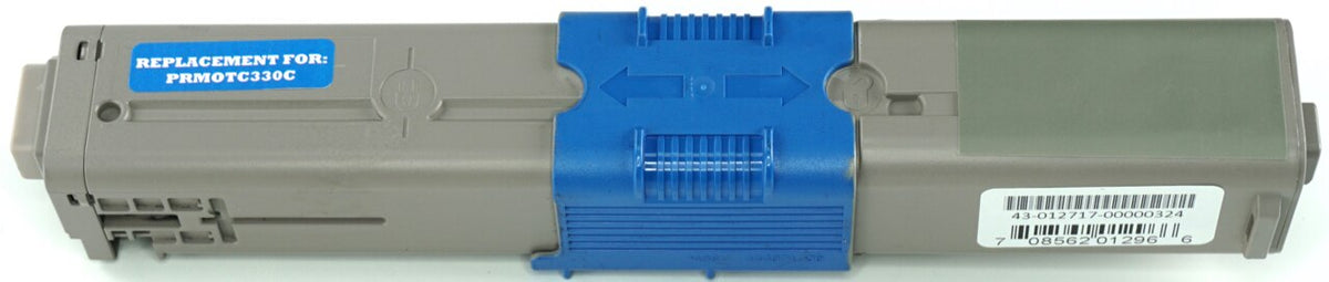 This is the front view of the Okidata 44469703 cyan replacement laserjet toner cartridge by NXT Premium toner