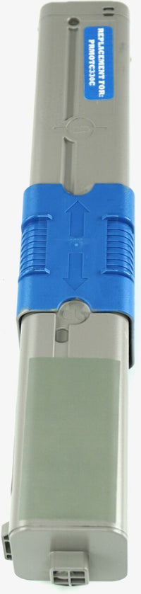 This is the left side view of the Okidata 44469703 cyan replacement laserjet toner cartridge by NXT Premium toner