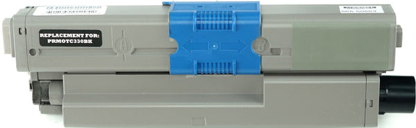 This is the front view of the Okidata 44469801 black replacement laserjet toner cartridge by NXT Premium toner