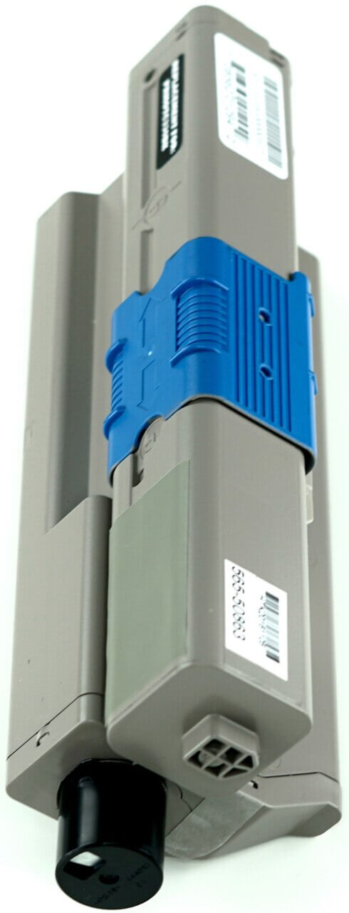 This is the left side view of the Okidata 44469801 black replacement laserjet toner cartridge by NXT Premium toner