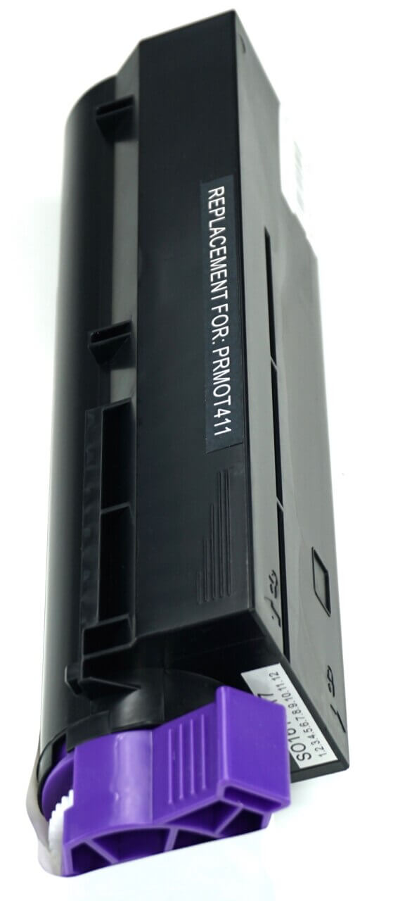 This is the left side view of the Okidata 44574701 black replacement laserjet toner cartridge by NXT Premium toner