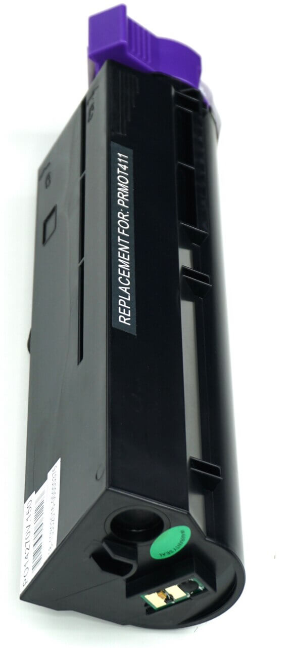This is the front view of the Okidata 44574701 black replacement laserjet toner cartridge by NXT Premium toner
