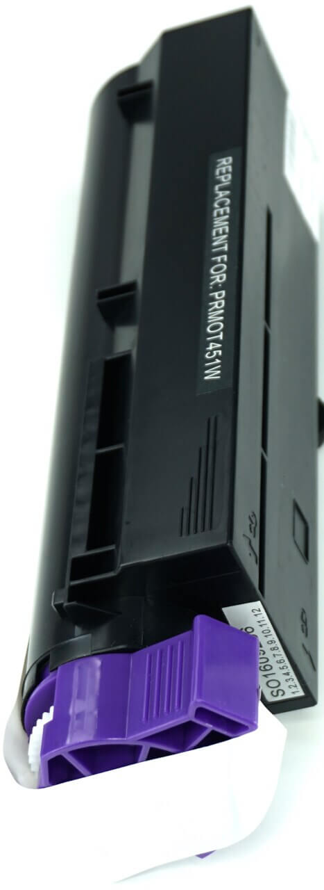 This is the left side view of the Okidata 44992405 black replacement laserjet toner cartridge by NXT Premium toner
