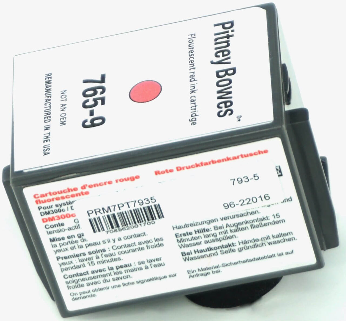 This is the left side view of the Pitney Bowes 765-9 Red replacement inkjet cartridge by NXT Premium toner