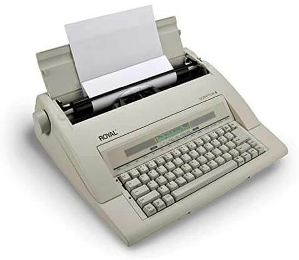 Side view of the Royal Scriptor II Personal Portable Electronic Typewriter with paper inserted and ready for typing