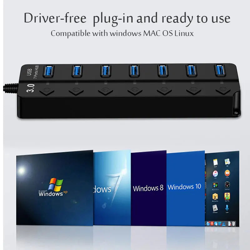 USB Hub with LED Indicators and Individual On Off Switches, 7 Port (Connectivity)