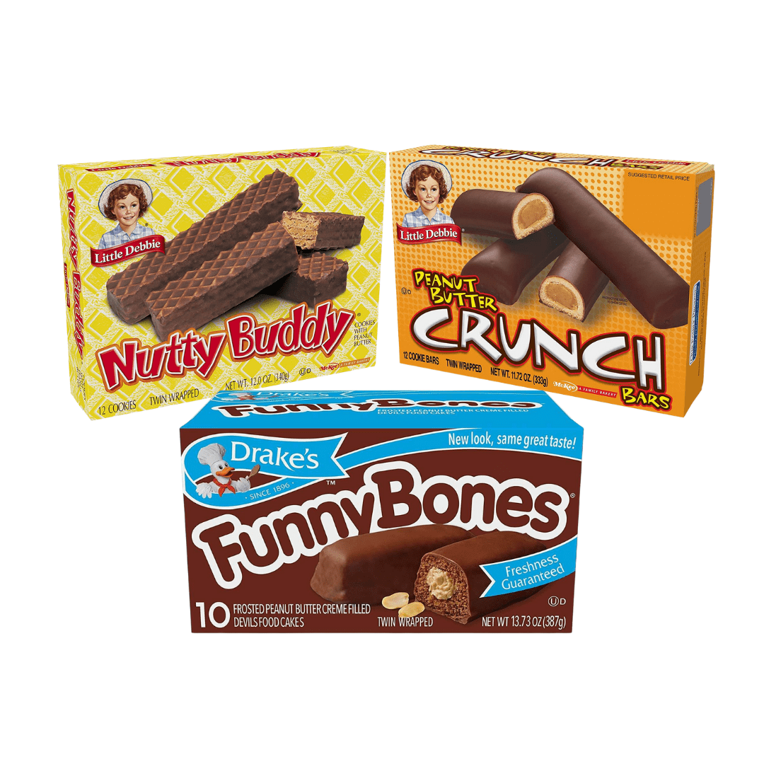 Peanut Butter Favorites features 2 boxes each of Drake's Funny Bones, Little Debbie Peanut Butter Crunch Bars, and Little Debbie Nutty Bars