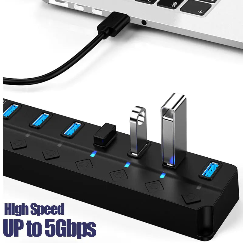 USB Hub with LED Indicators and Individual On Off Switches, 7 Port (Plugged in)