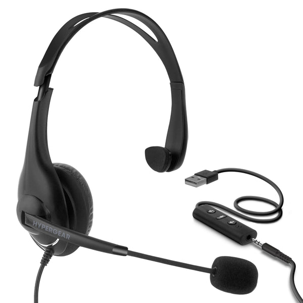 HyperGear V100 Wired Office Headset with USB Adapter and 6 Ft Cord