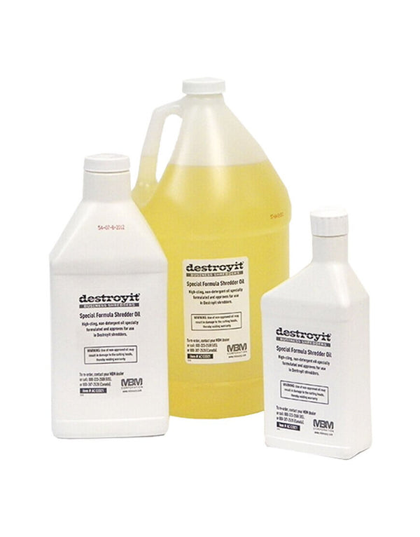Three different sizes of MBM Destroyit Shredder Oil-- pint, quart and gallon